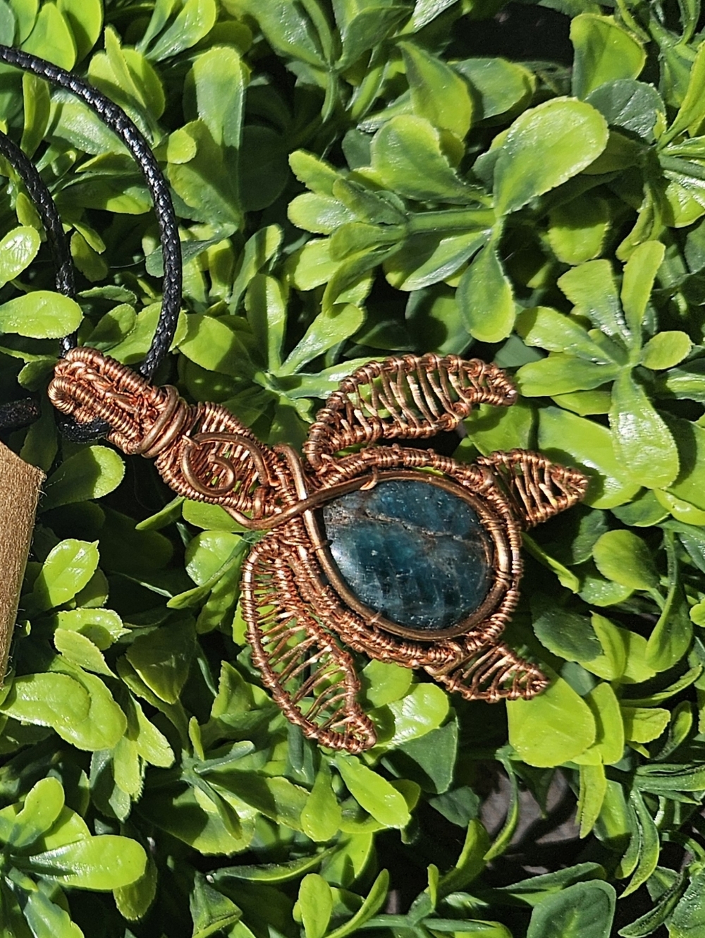 Handmade Apatite Crystal Necklace with Copper Wire (Black Cord)